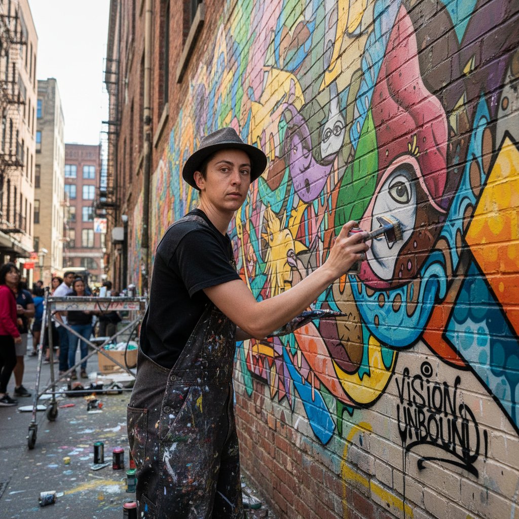 Artysta uliczny z widocznym zezem malujący mural, atmosfera kreatywności i odwagi