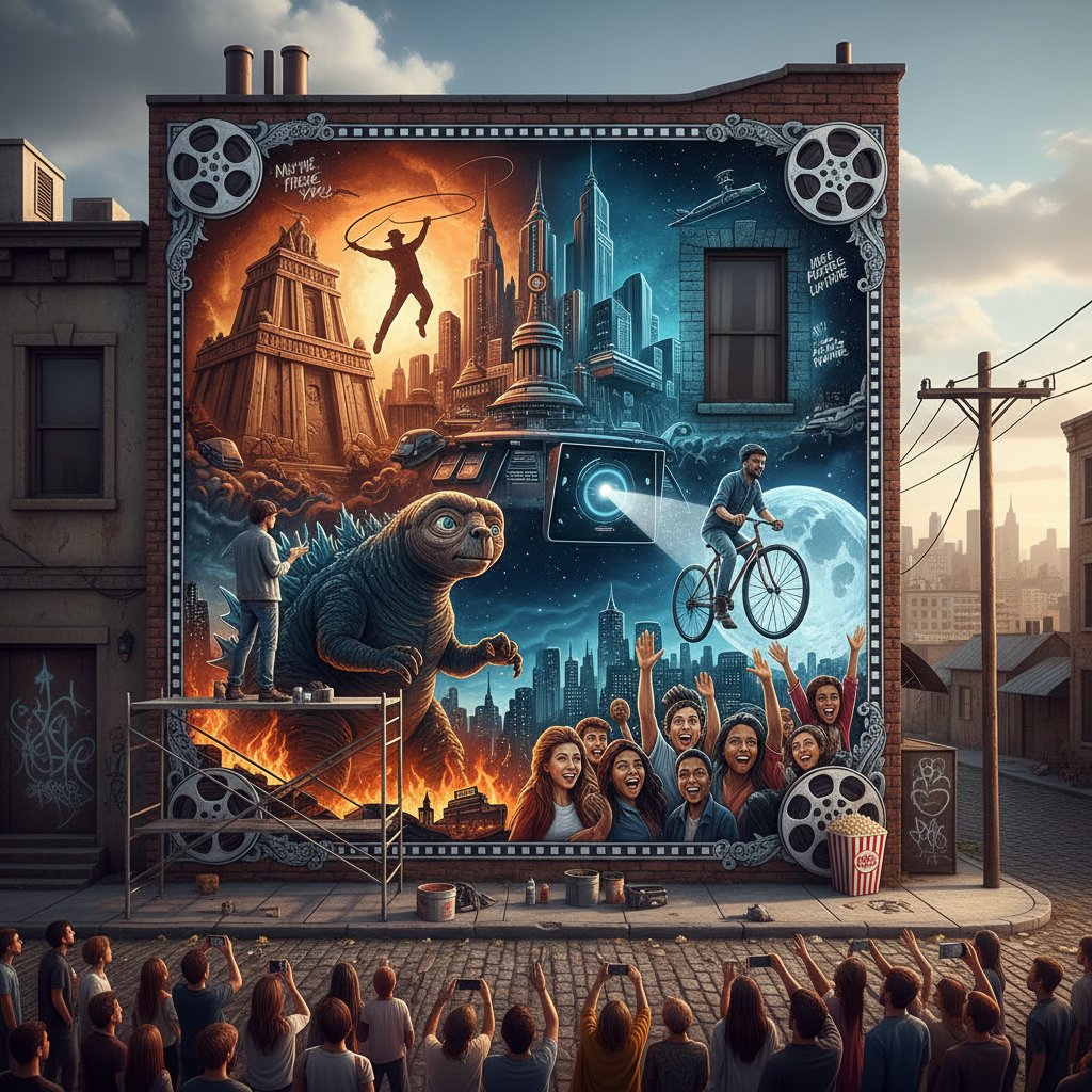 A photo of a street artist painting a mural inspired by a movie theme, demonstrating art imitating life
