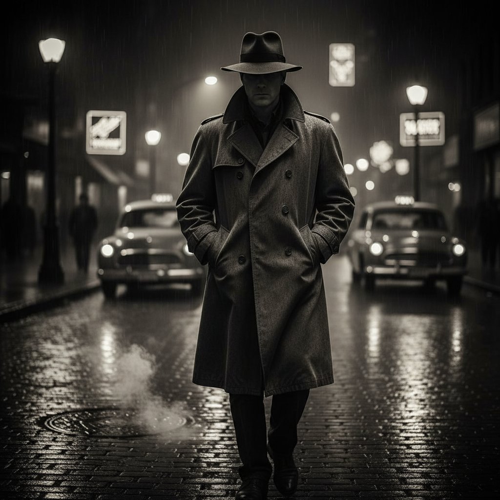 Street fashion influenced by hard boiled movies, urban photo—trench coats, fedoras, moody lighting