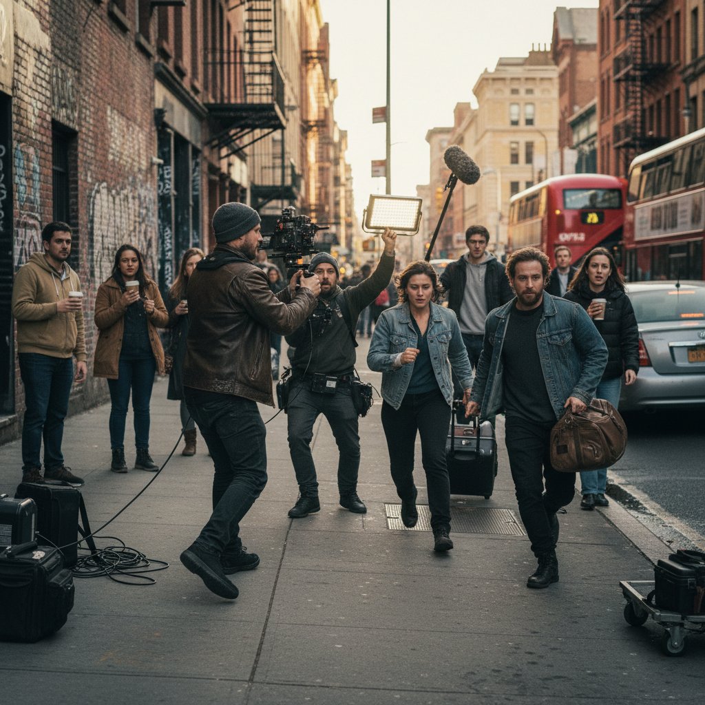 Vibrant street scene with local filmmakers shooting guerrilla-style, city backdrop, energetic, cultural diversity