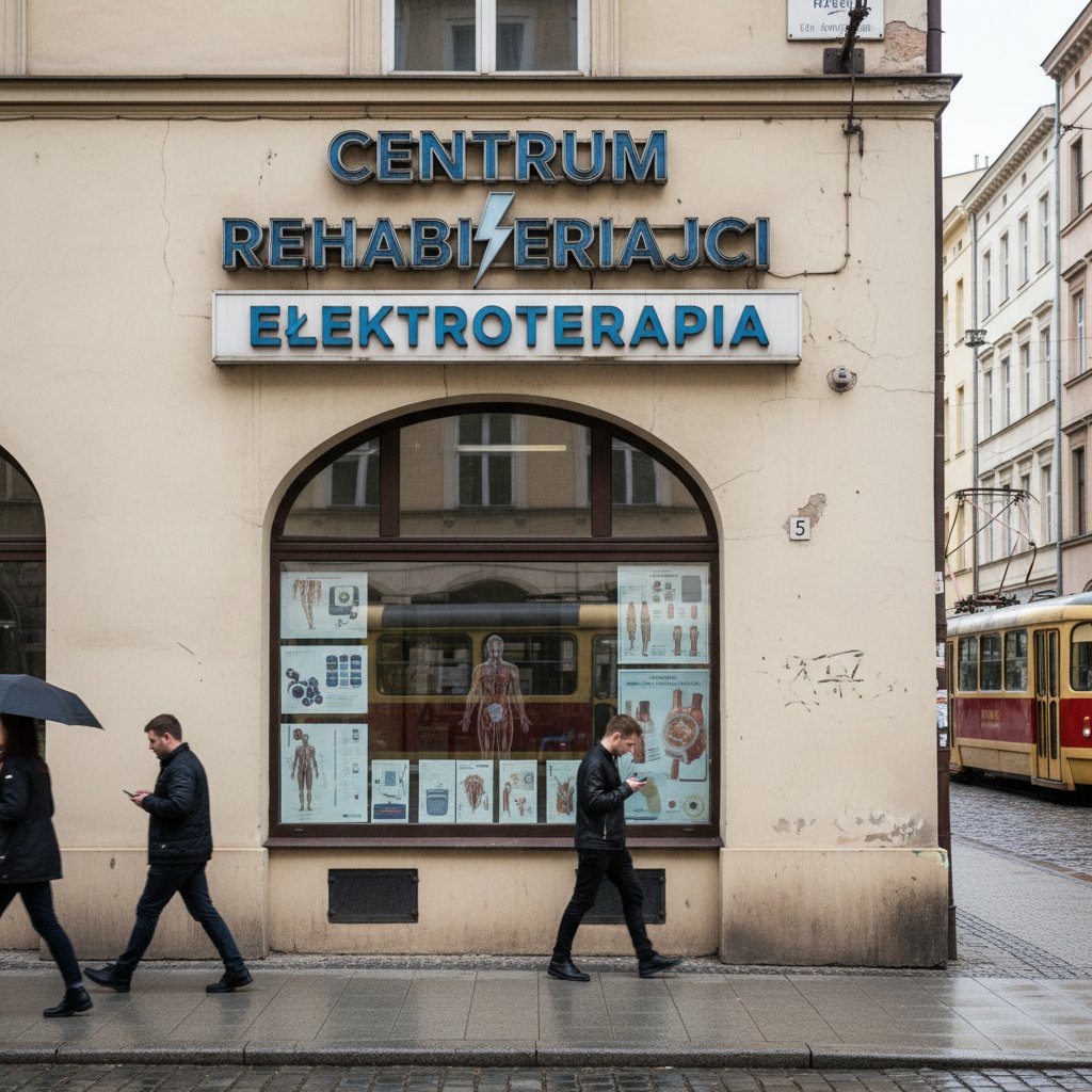 Polska przychodnia z reklamą zabiegów prądami diadynamicznymi