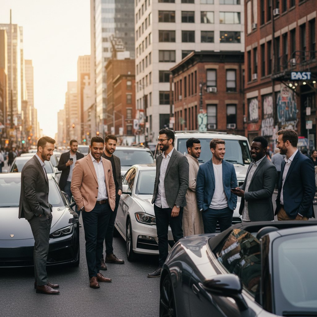 Diverse men with different cars, challenging the manly car stereotype in modern city