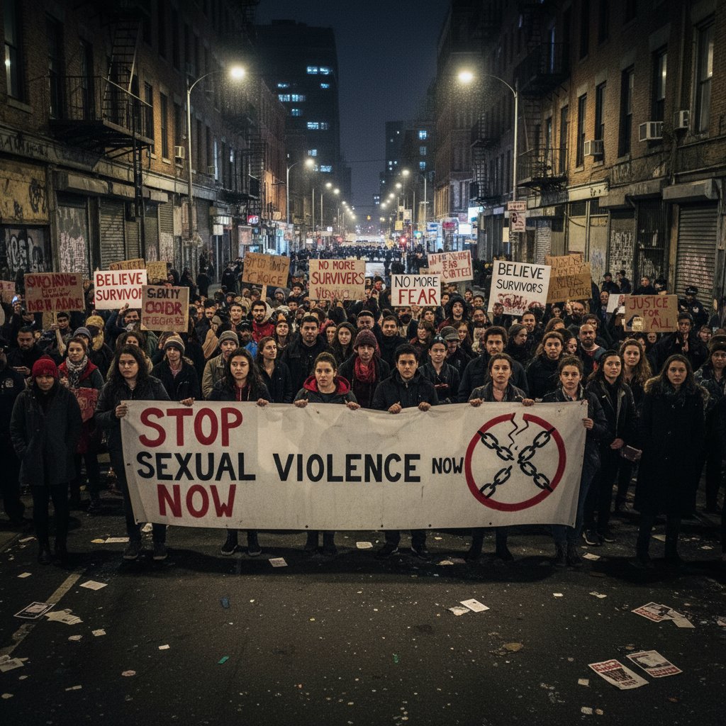 Demonstracja uliczna podczas protestu przeciwko przemocy seksualnej, transparenty i hasła, kobiety i mężczyźni razem