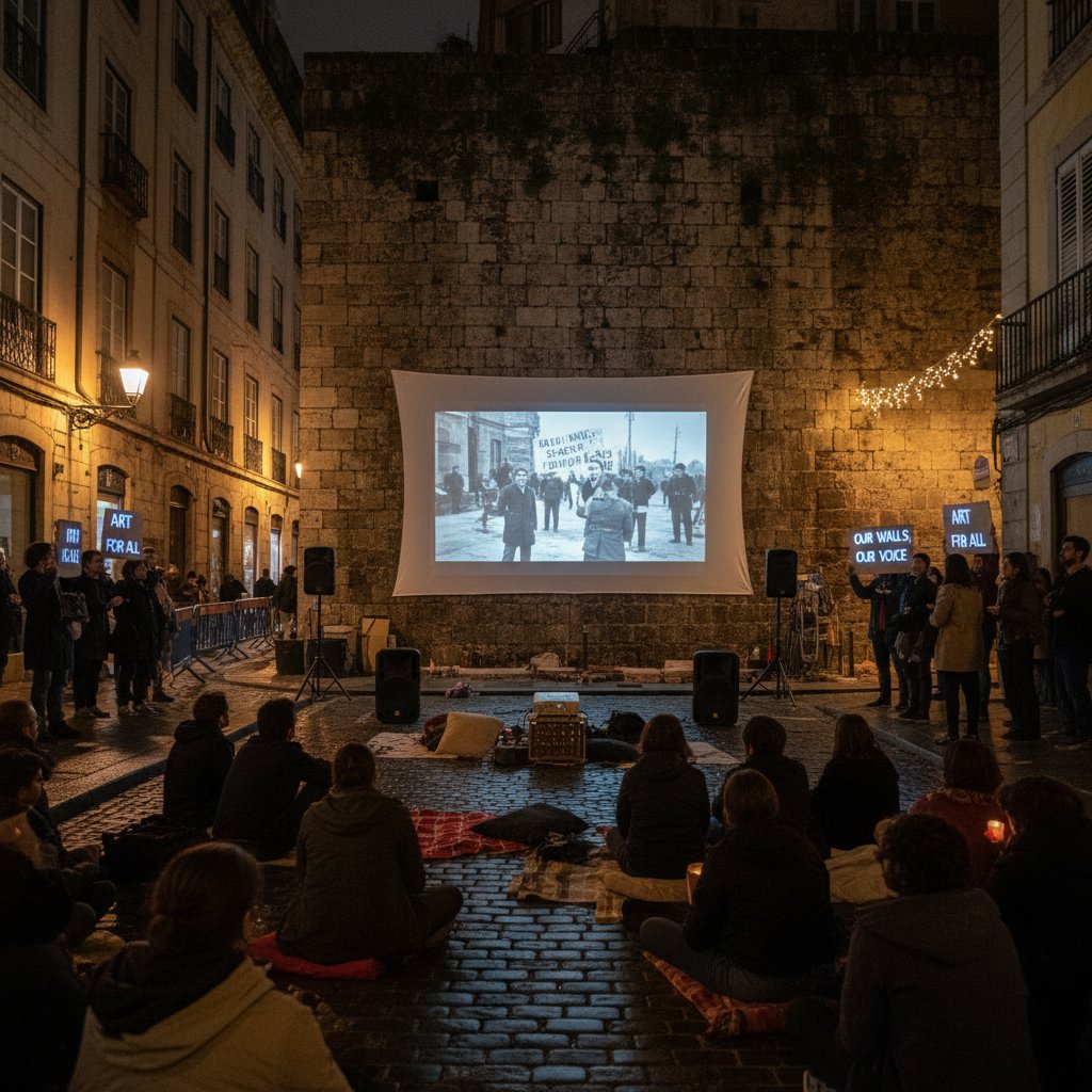Street protest juxtaposed with a film screening on a city wall, defiant urgent pure cinema rebellion