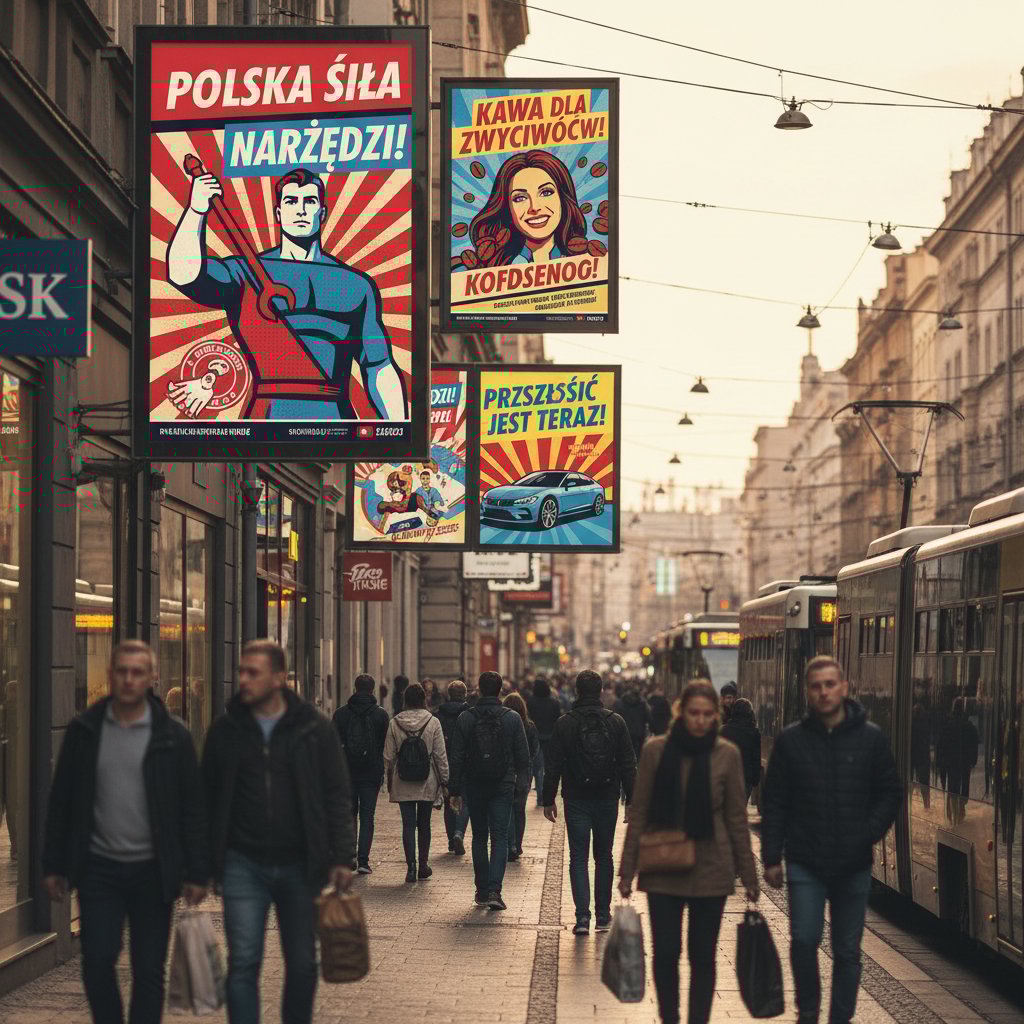 Polskie podejście do reklamy i tekstów marketingowych – uliczna scena z wyrazistymi plakatami