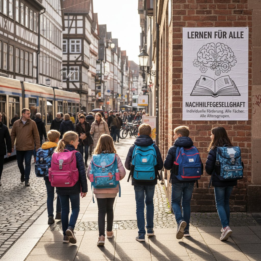 Straßenszene in einer deutschen Stadt, Schulkinder mit Rucksäcken, Plakat für Nachhilfe im Hintergrund – Nachhilfe als gesellschaftliches Phänomen