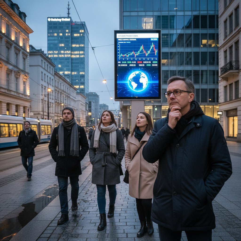 Polacy oglądający wiadomości finansowe na ulicy w Warszawie, po zmroku, z zamyślonymi minami