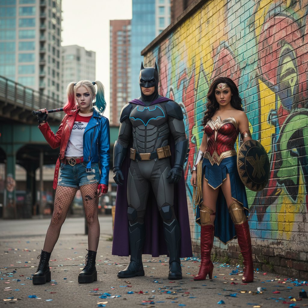 Models in DC superhero-inspired streetwear, street style fashion shoot, DC-inspired outfits, urban backdrop, bold colors