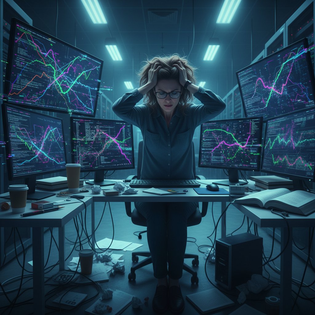 Stressed academic surrounded by chaotic data visualizations and glitching screens in a research lab