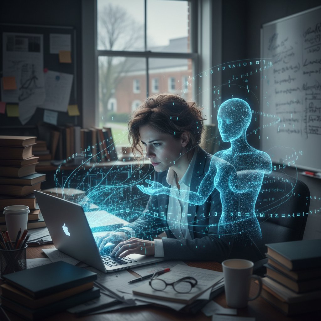 A stressed academic in a cluttered university office surrounded by paper stacks and digital data streams, a holographic AI assistant organizing files