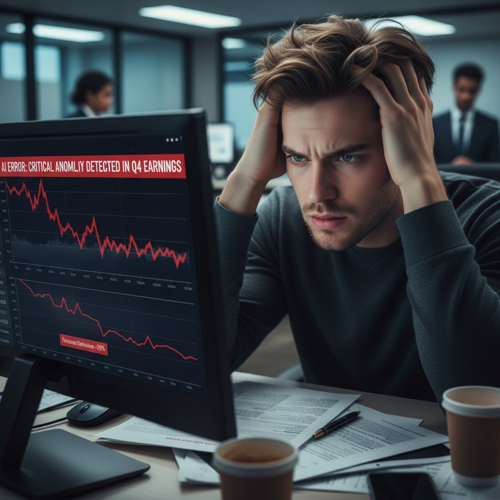 Zestresowany analityk patrzący na niepokojący raport generowany przez AI