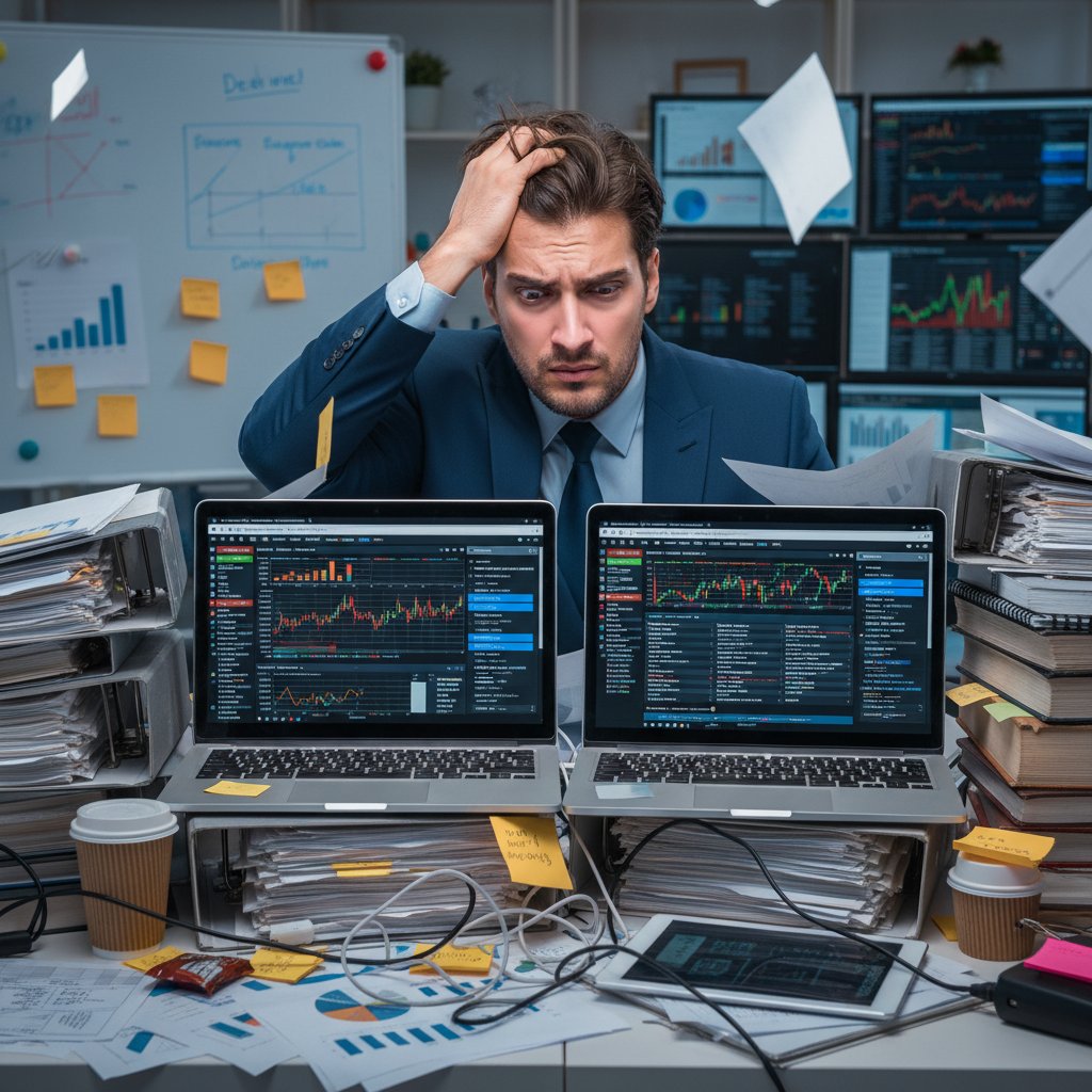 Zestresowany przedsiębiorca otoczony papierami i laptopami, pułapki psychologiczne w informacji biznesowej
