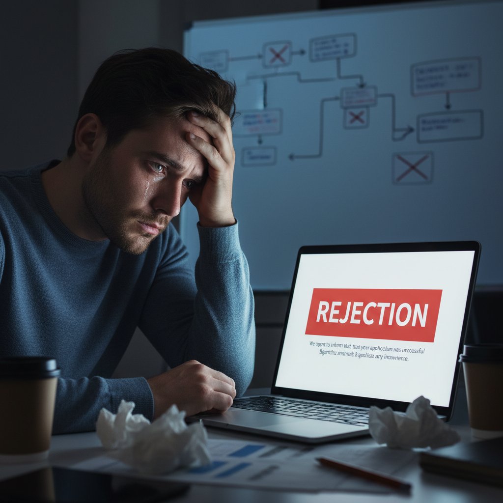 Zestresowany kandydat przed komputerem, otrzymujący automatyczną odmowę pracy, symbolizujący błędy algorytmiczne w rekrutacji