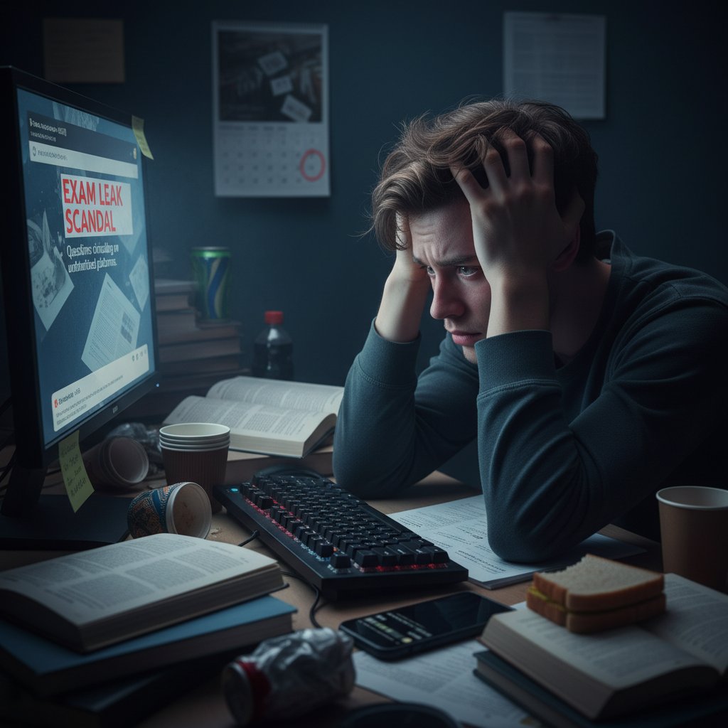 Zdenerwowany kandydat przy klawiaturze, niepokój związany z przeciekami egzaminacyjnymi