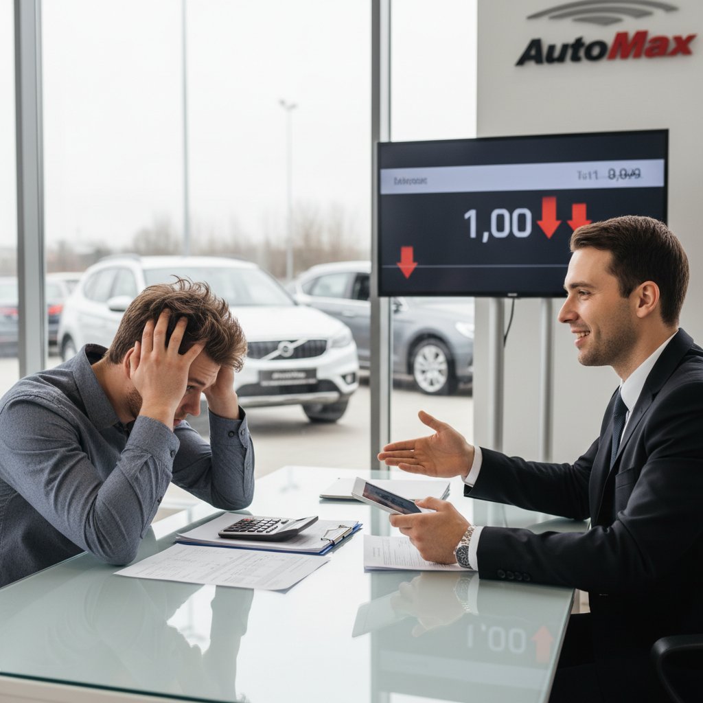 A stressed buyer negotiating with a car salesperson at a dealership, car buying assistant vs dealership