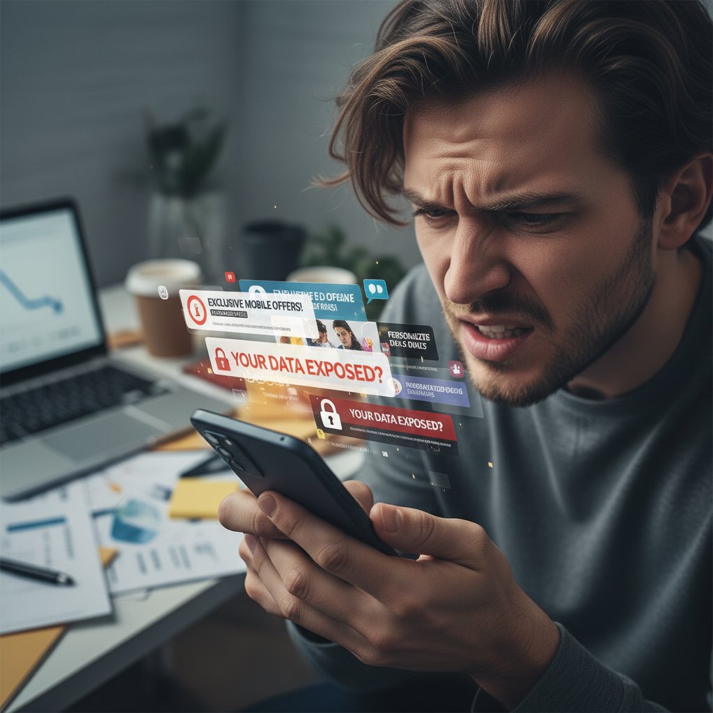 Zestresowany klient kasujący niechciane oferty na telefonie