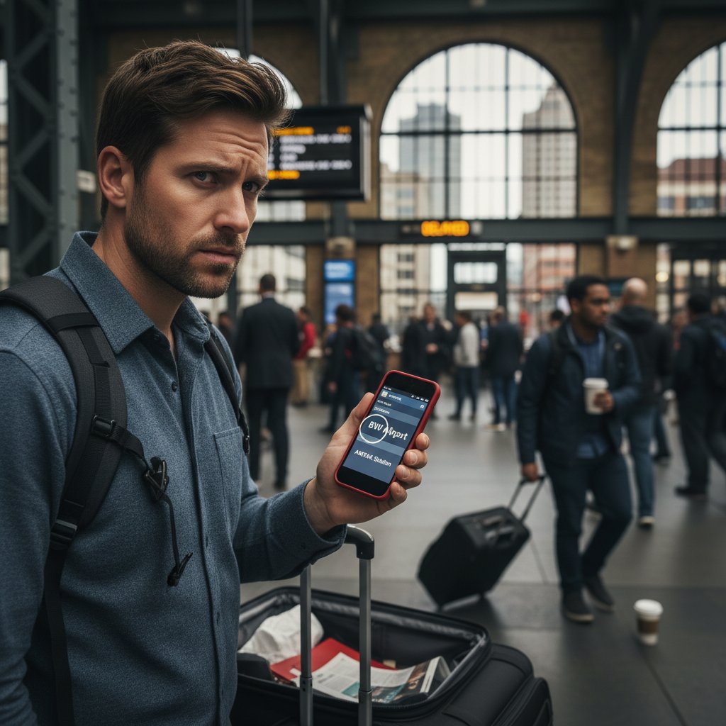Photo of stressed commuter juggling bags in crowded Baltimore train station, evaluating airport options for flights