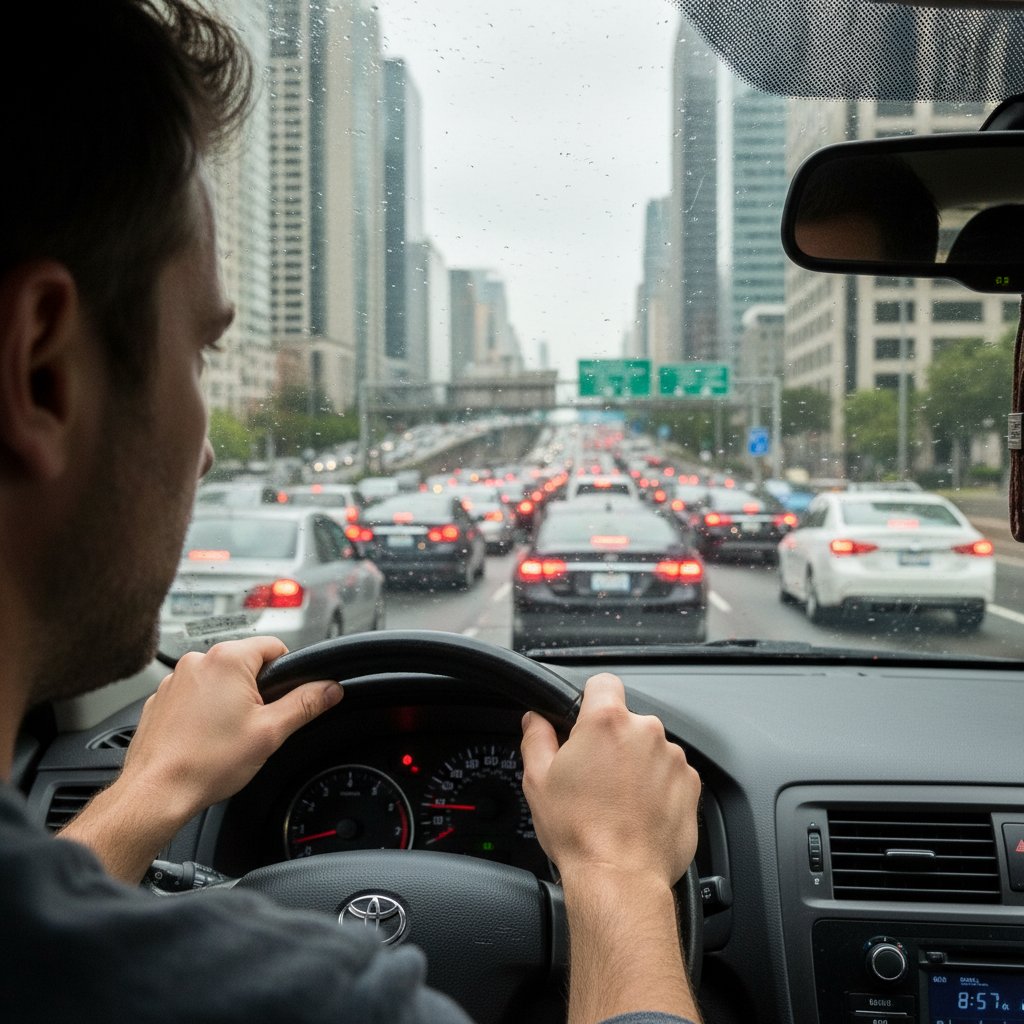 Stressed commuter gripping steering wheel in heavy traffic, emotional toll of gridlock