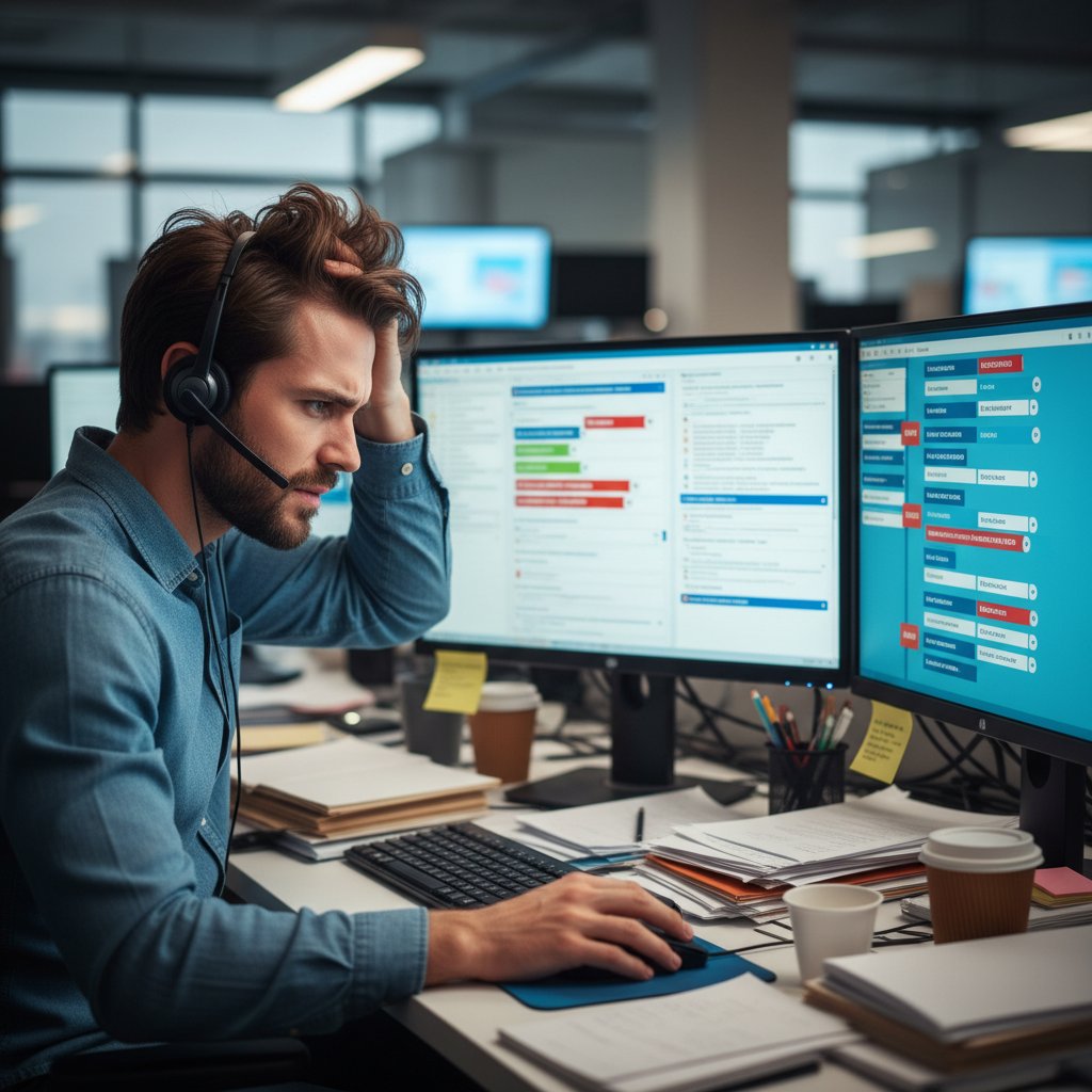 Stressed customer support agent facing overwhelming workload in a dark office