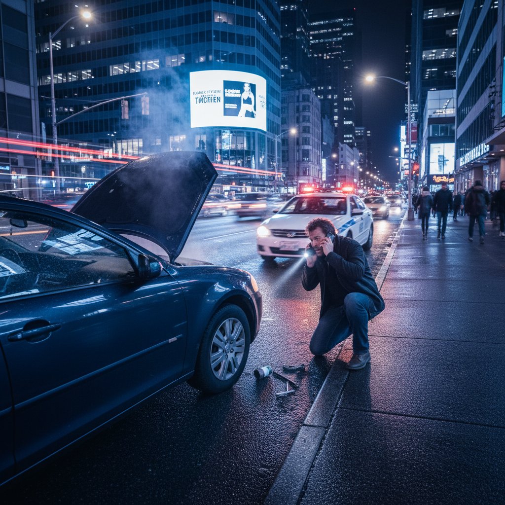 Kierowca w stresie podczas awarii auta nocą w mieście