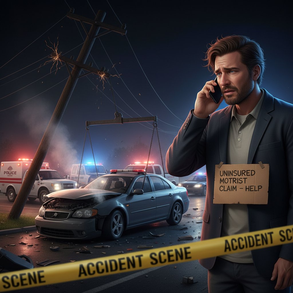 Stressed driver on phone at night after uninsured motorist accident scene