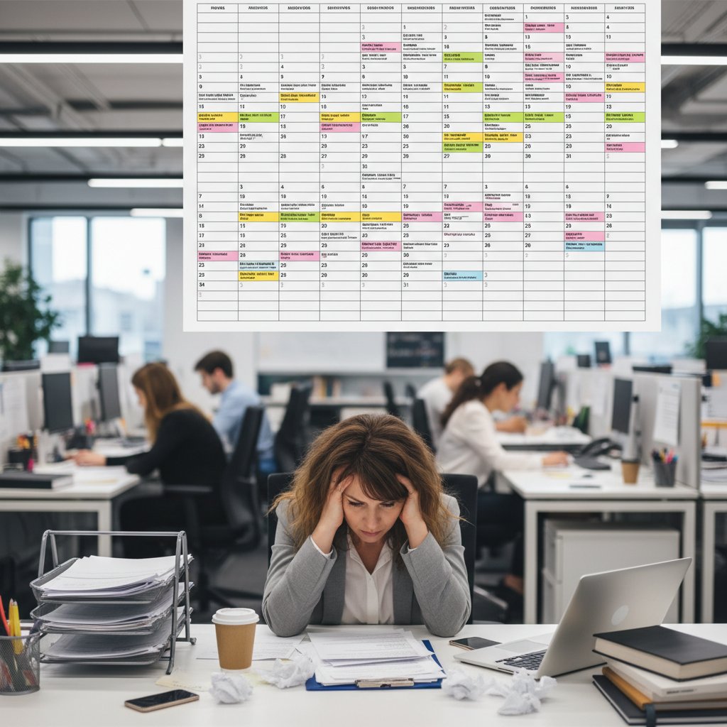 Zestresowany pracownik patrzący na przepełniony kalendarz spotkań w biurze