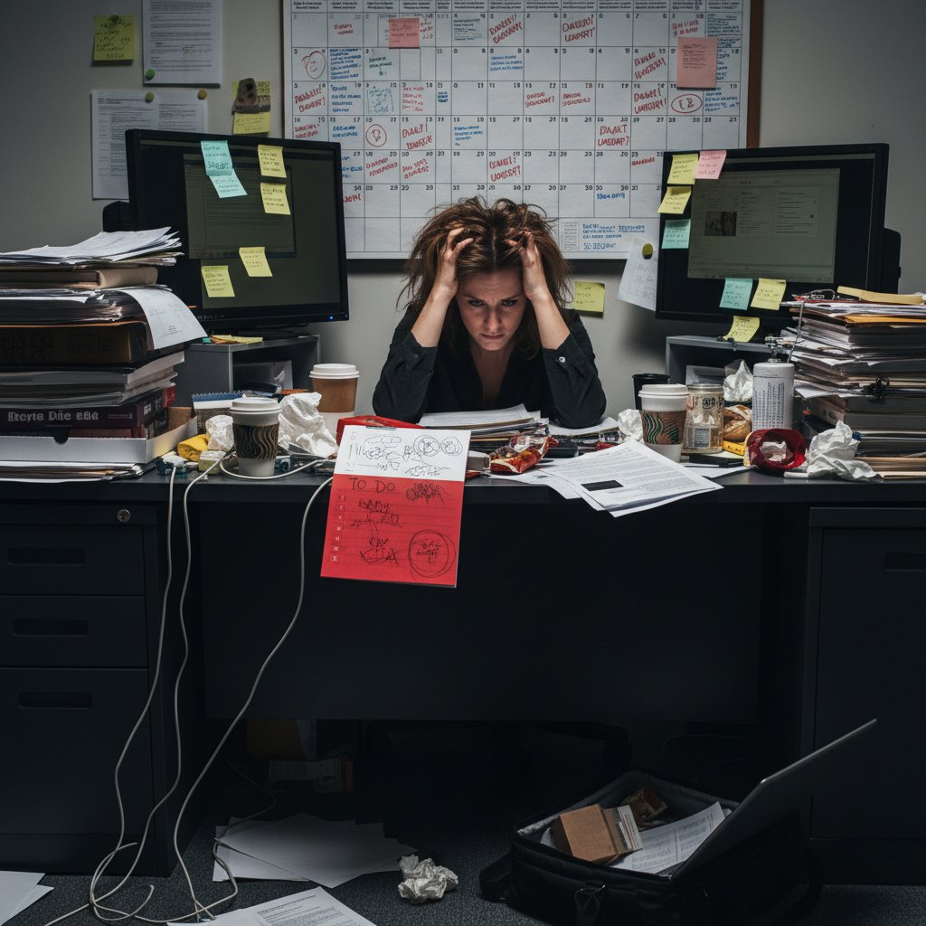Zestresowany pracownik przy biurku z otwartym laptopem i przepełnionym kalendarzem – chaos spotkań