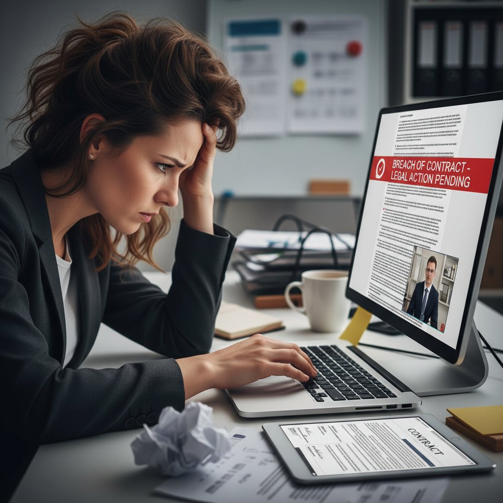 Zestresowany przedsiębiorca przed komputerem, problem z kontraktem prawnym online