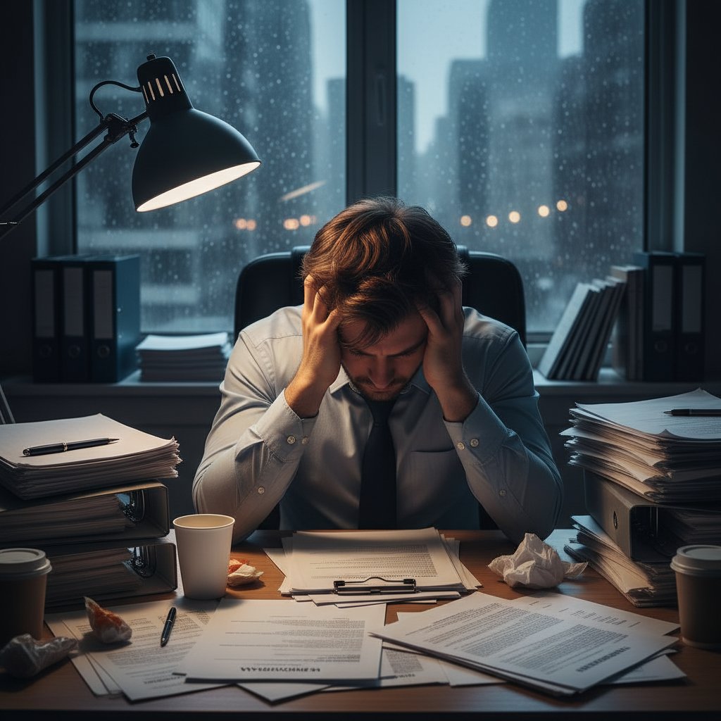 Stressed entrepreneur surrounded by paperwork, legal documents, and moody office lighting, illustrating legal document analysis