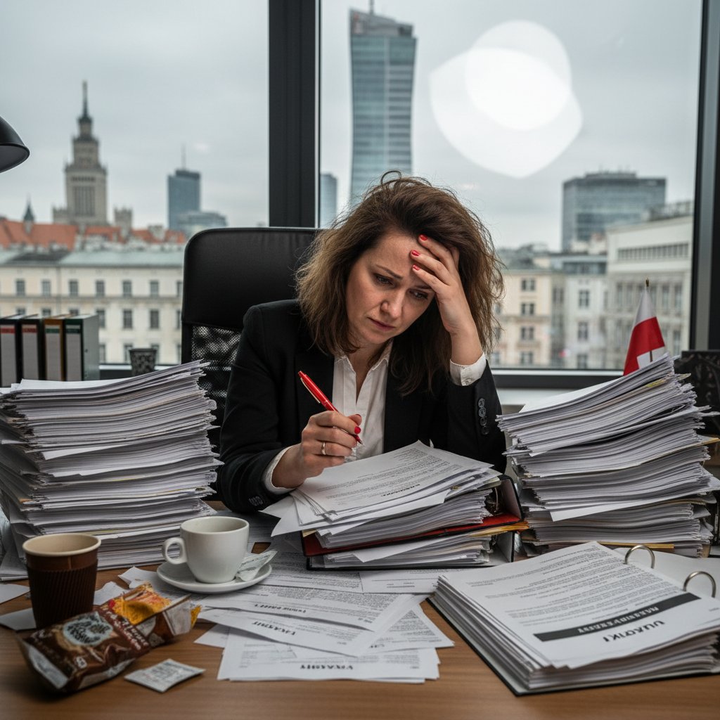 Zestresowany polski przedsiębiorca przy biurku, otoczony papierami i dokumentami kadrowymi