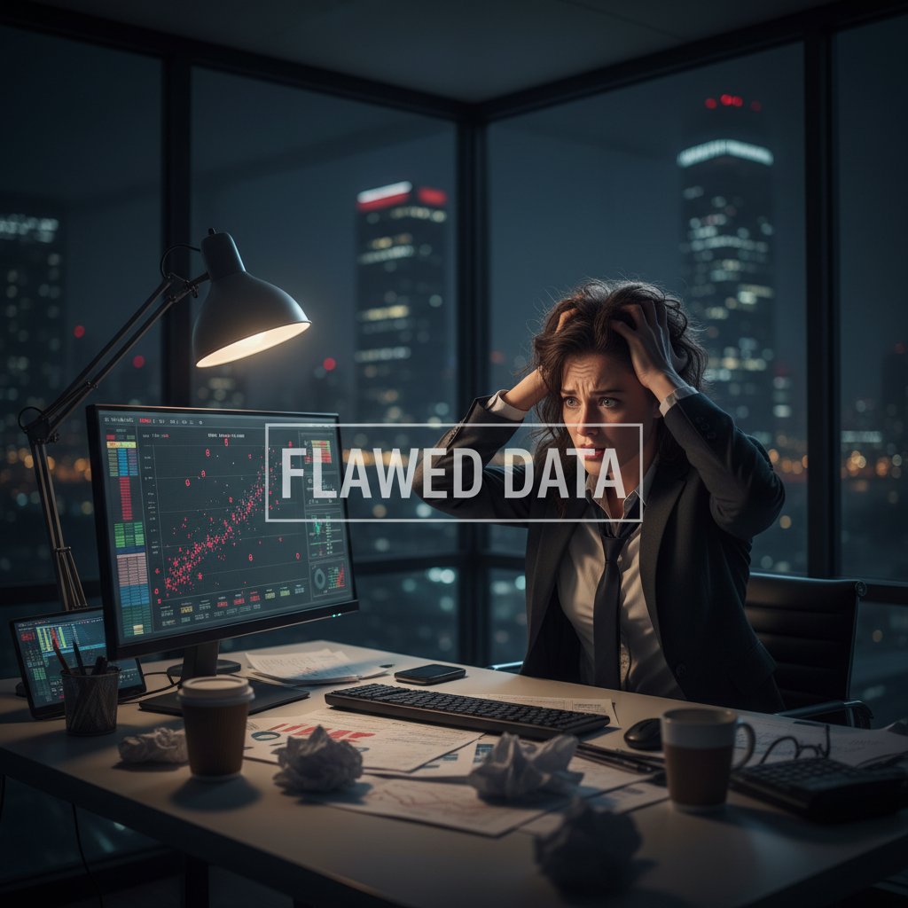 Stressed executive reviewing flawed data at night, research failure consequences