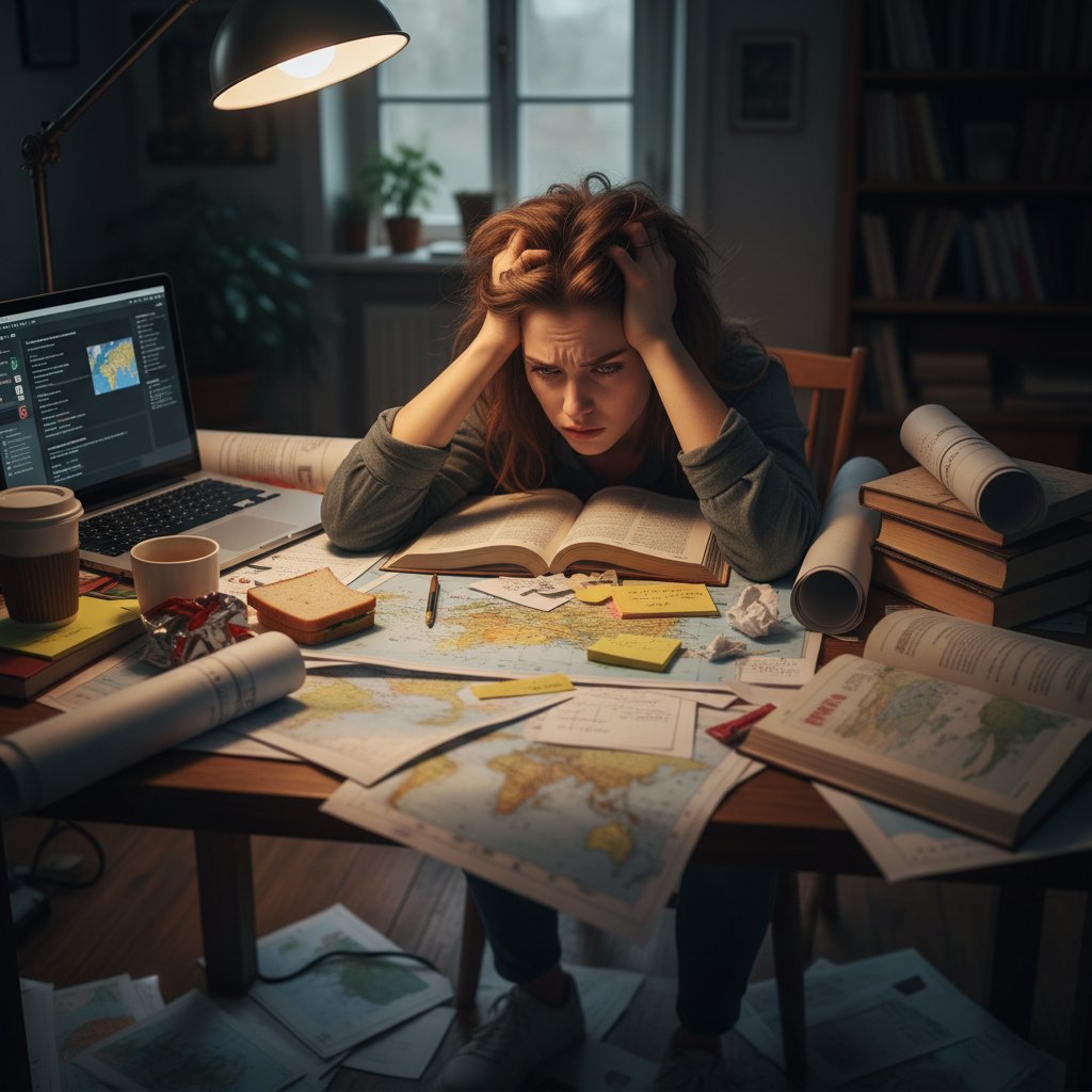 Uczennica siedząca spięta przy biurku, otoczona mapami i notatkami, przygotowanie do matury z geografii