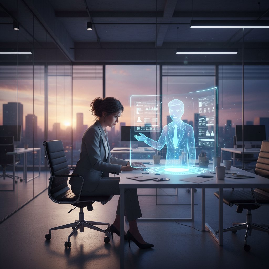 Stresujący specjalistka HR przy biurku naprzeciw holograficznego wirtualnego współpracownika w nowoczesnym biurze