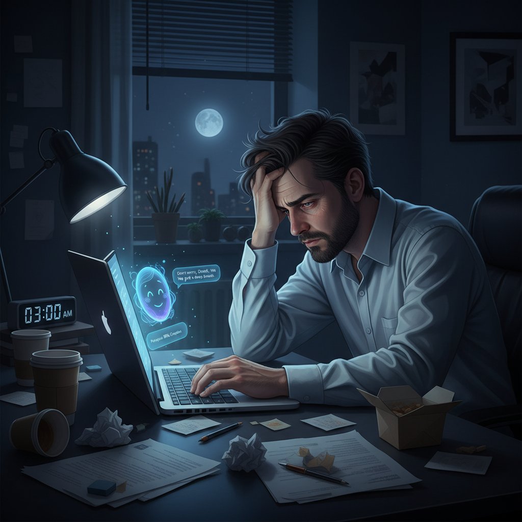 Kontrast pracy człowieka i chatbota w nocy, stres menedżera, spokojny interfejs bota