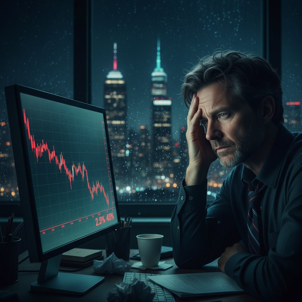 Zestresowany inwestor patrzący na spadający wykres giełdowy, noc, polskie miasto