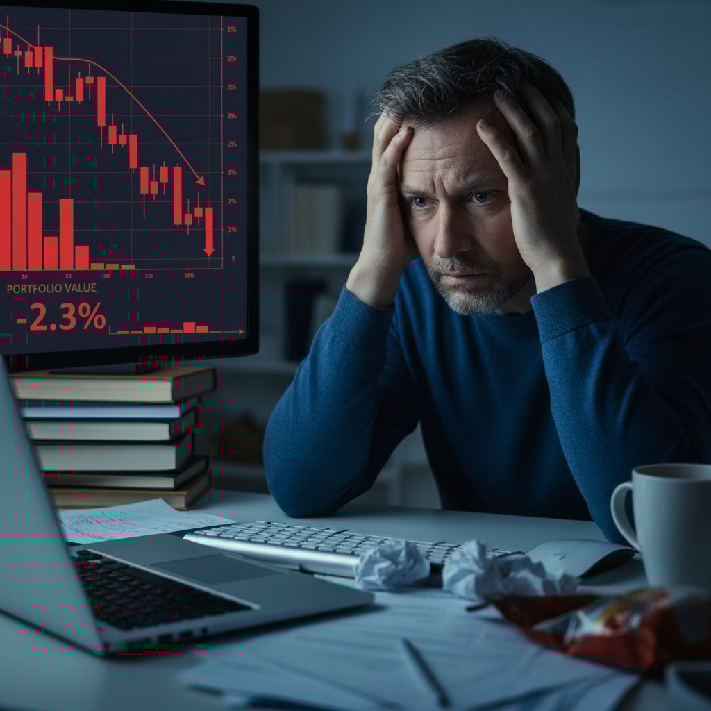 Stres inwestora indywidualnego analizującego straty na portfelu na tle wykresu giełdowego