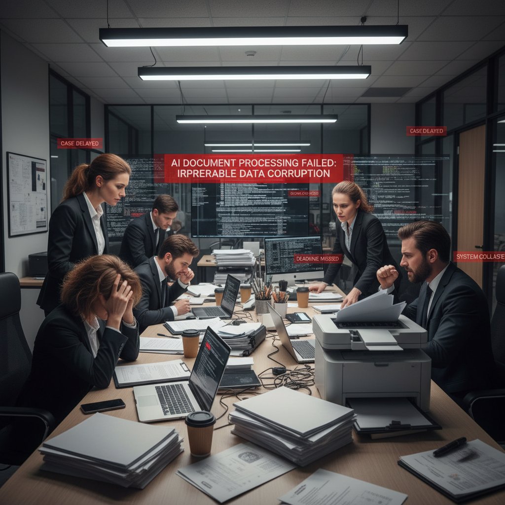 Stressed legal professionals overwhelmed by failed AI document processing rollout in office