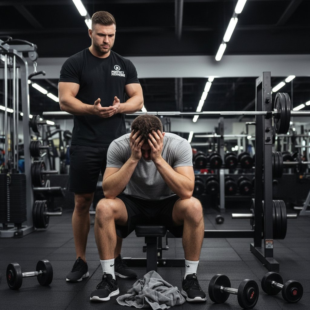 Zestresowany mężczyzna patrzący na telefon w siłowni, rozczarowanie i frustracja po nieudanej współpracy z trenerem personalnym