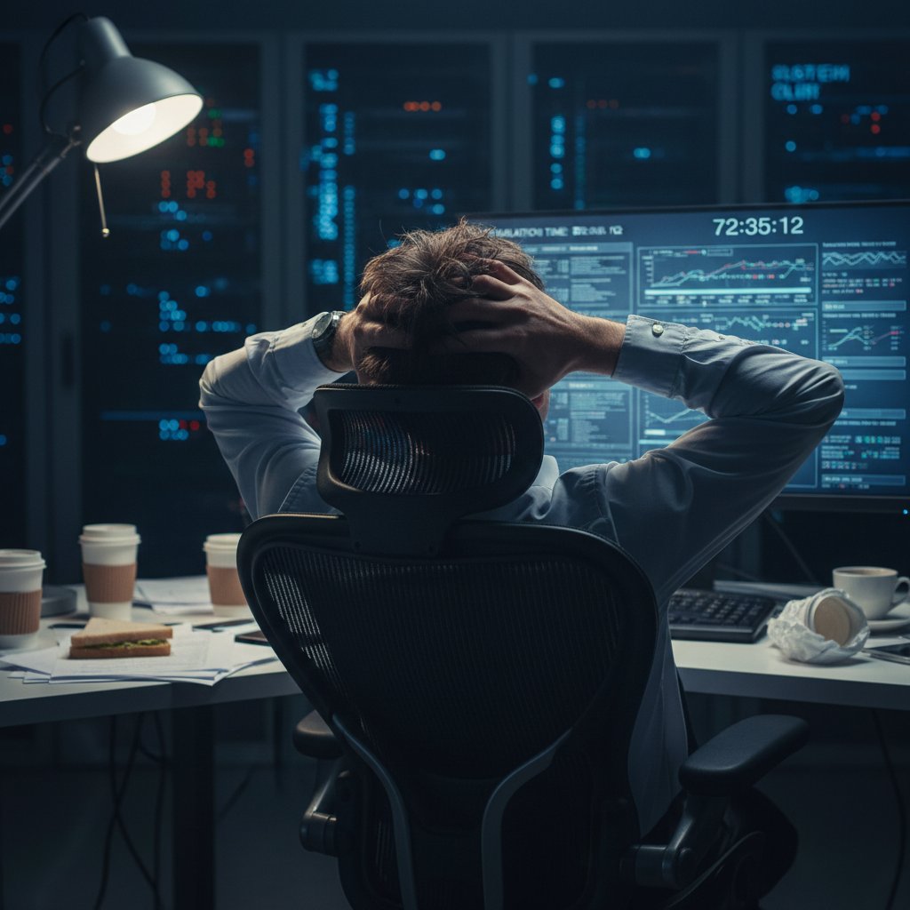 Zestresowany menedżer przy komputerze, zmęczony po długiej sesji symulacji zarządzania