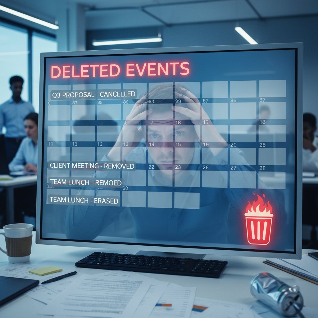 Zestresowany menedżer przed ekranem laptopa ze skasowanymi wydarzeniami w kalendarzu