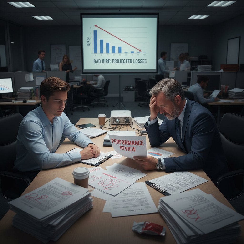 Manager reviewing performance data with a stressed expression, symbolizing tough post-hire decisions