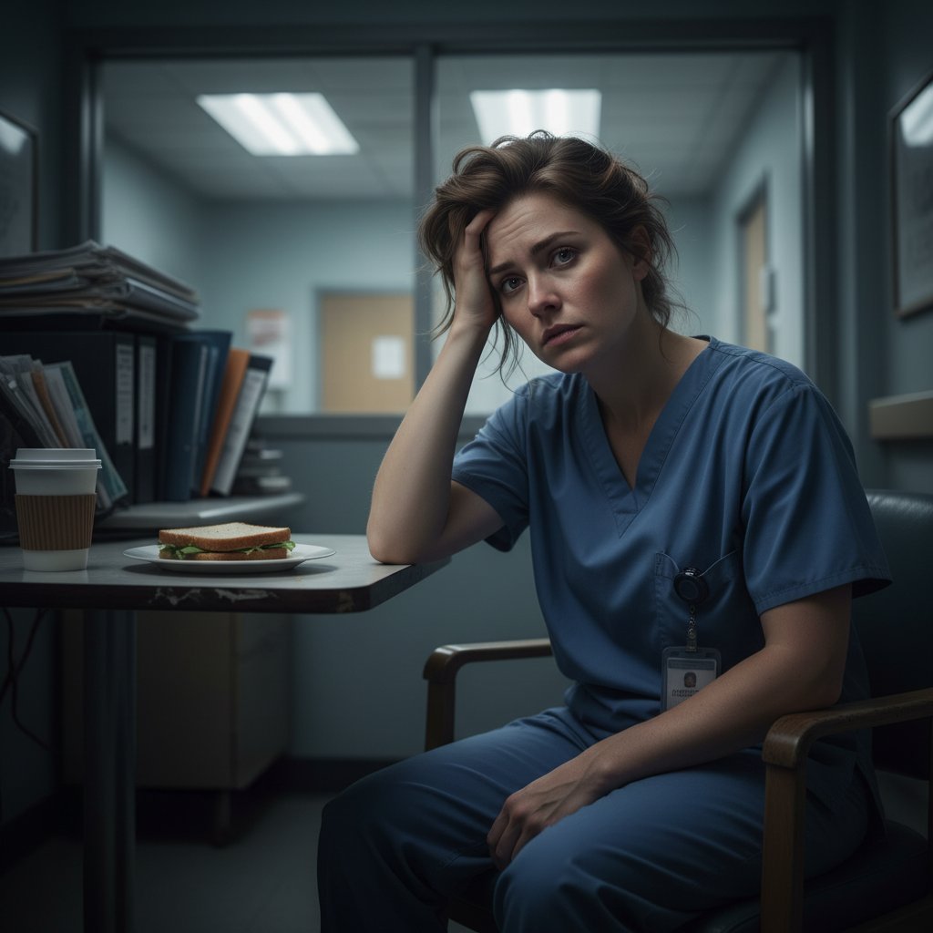 Zestresowany pielęgniarz w szpitalu psychiatrycznym podpiera głowę ręką, zmęczony wzrok