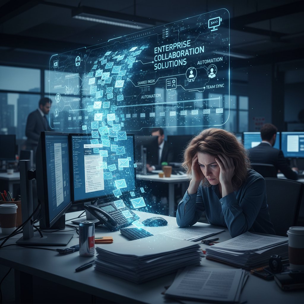 Stressed office worker facing a flood of emails in a modern office environment