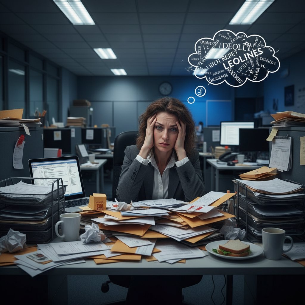 Pracownik siedzący przy biurku z głową wspartą na dłoniach, stos maili na ekranie