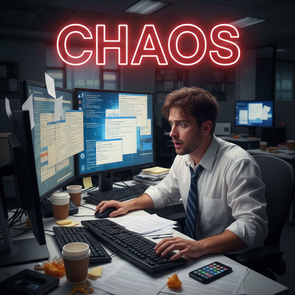 Stressed office worker sorting a mountain of emails, symbolizing the pain of manual email sorting