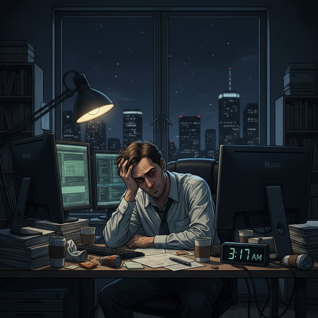 Photo of a stressed office worker alone at night, surrounded by unfinished paperwork
