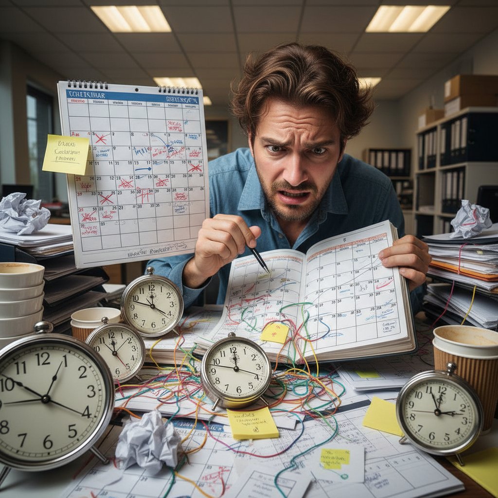 A stressed office worker surrounded by paper calendars, sticky notes, and analog clocks, symbolizing the chaos of manual scheduling