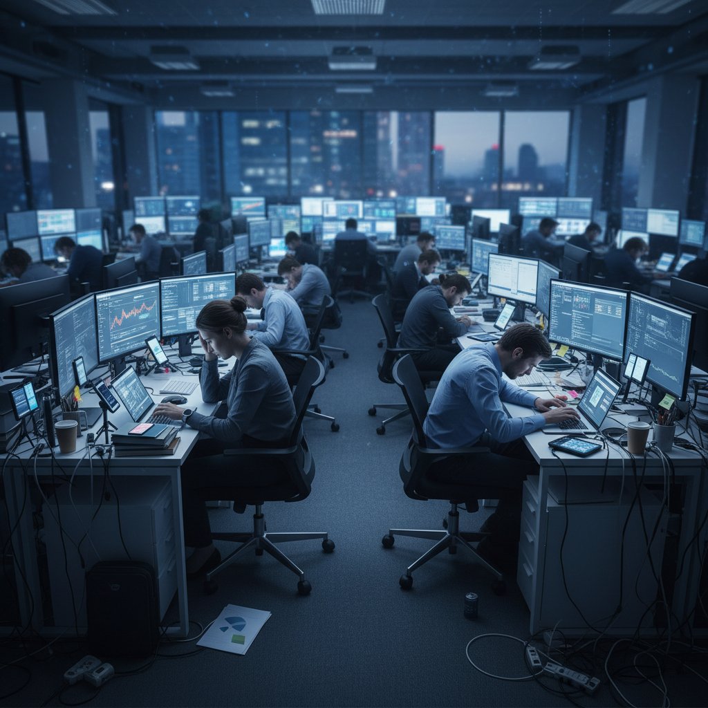 Stressed office workers facing digital overload in a dimly lit workspace