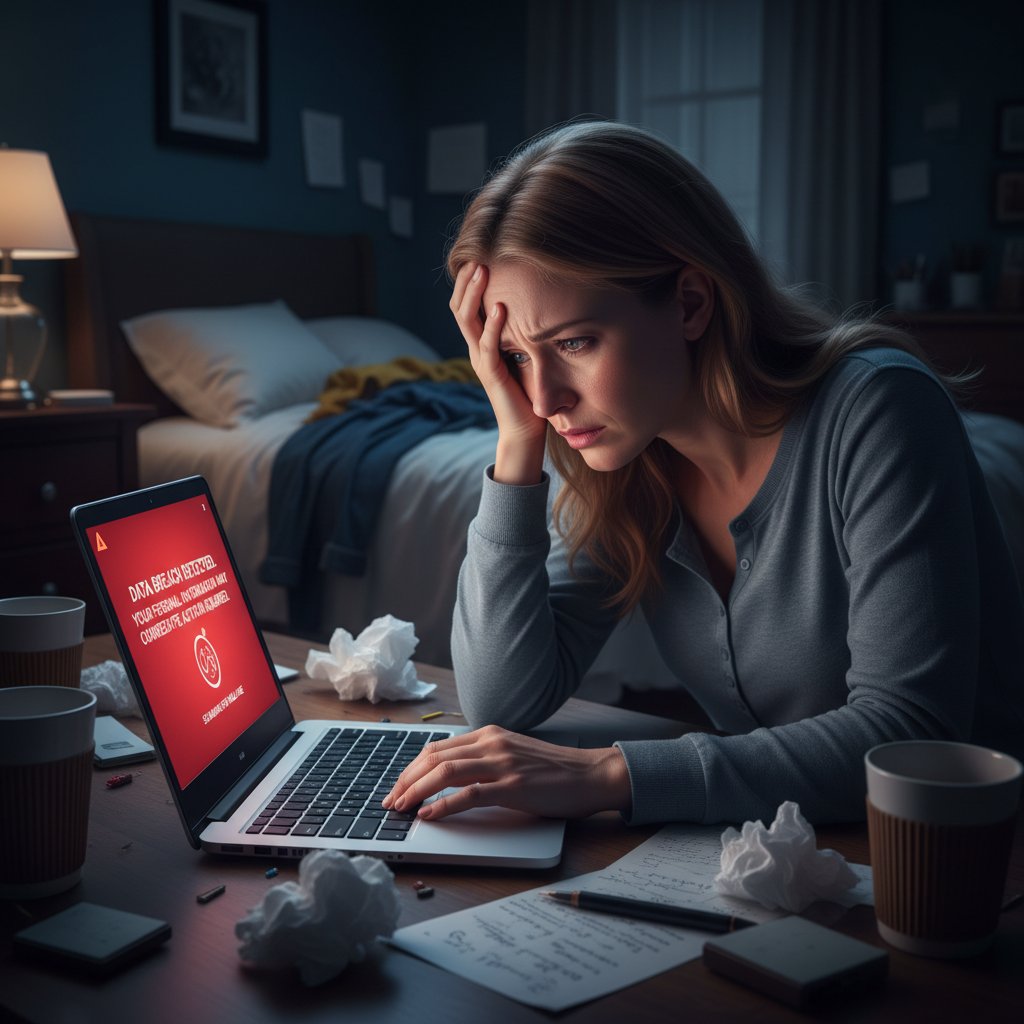 Zestresowany pacjent patrzący na ekran laptopa z ostrzeżeniem o wycieku danych, atmosfera niepokoju