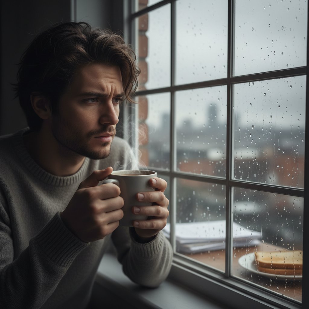 Zestresowana osoba patrząca przez okno z kubkiem kawy – objawy zmęczenia nadnerczy